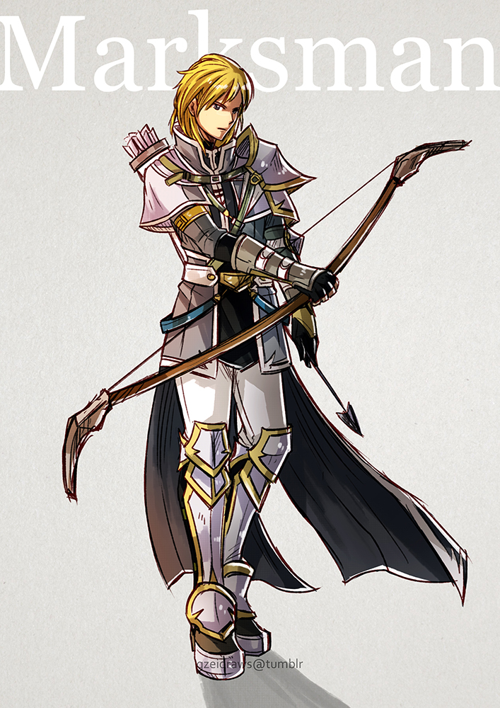 armor bad_id bad_tumblr_id blonde_hair bow_(weapon) cape english fingerless_gloves fire_emblem fire_emblem:_akatsuki_no_megami fire_emblem:_souen_no_kiseki full_body gloves gold_trim greaves gzei holding holding_bow_(weapon) holding_weapon leonardo_(fire_emblem) looking_at_viewer male_focus pauldrons sketch solo tumblr_username watermark weapon