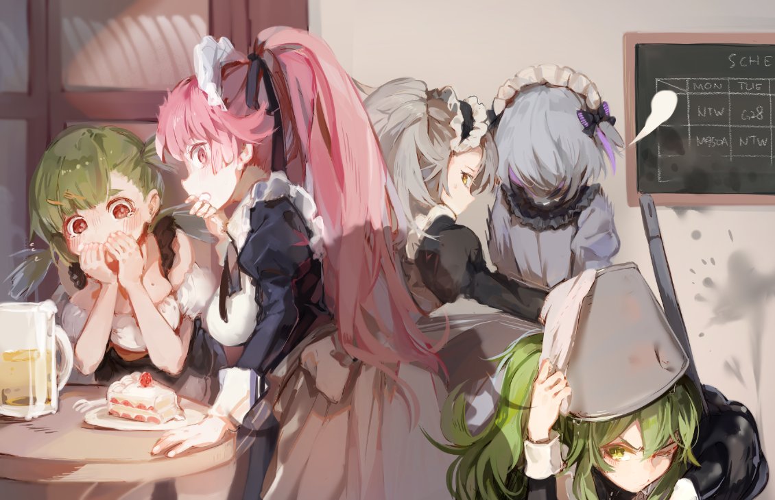 ahoge alcohol alternate_costume alternate_hairstyle apron bangs beer beer_mug blush bow breasts bucket bucket_on_head cake chalkboard cleavage closed_mouth commentary_request covering_mouth dress eyebrows_visible_through_hair food frills g28_(girls_frontline) g36_(girls_frontline) gepard_m1_(girls_frontline) girls_frontline gloves green_hair grey_hair hair_between_eyes hair_bow hair_ornament holding holding_towel large_breasts leaning_forward long_hair looking_at_viewer looking_back m950a_(girls_frontline) maid maid_headdress medium_breasts messy_hair mole mole_on_breast mop multicolored_hair multiple_girls ntw-20_(girls_frontline) object_on_head one_eye_closed one_side_up orange_eyes pale_skin parted_lips pink_eyes pink_hair plate ponytail pov purple_hair shadow short_hair shuzi sidelocks silver_hair skirt streaked_hair sweatdrop table tearing_up thompson/center_contender_(girls_frontline) towel twintails two_side_up very_long_hair yellow_eyes