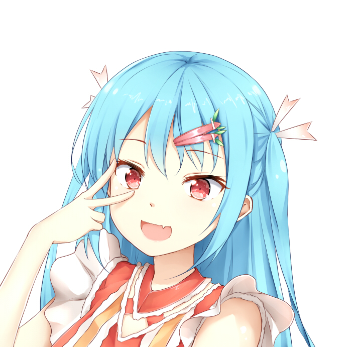 :d bangs blue_hair blush commentary_request copyright_request eyebrows_visible_through_hair fang hair_between_eyes hair_ornament hair_ribbon hairclip han_(hehuihuihui) hand_up long_hair looking_at_viewer open_mouth red_eyes red_shirt ribbon shirt simple_background sleeveless sleeveless_shirt smile solo two_side_up v_over_eye white_background white_ribbon