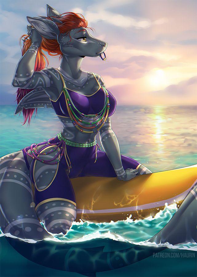 5_fingers anthro beach cervine clothing dawn_(disambiguation) detailed_background digital_media_(artwork) female fish hair hauringu horn invalid_color mammal marine morning sea seaside shark sky smile solo surfboard surfer surfing swimsuit water wave