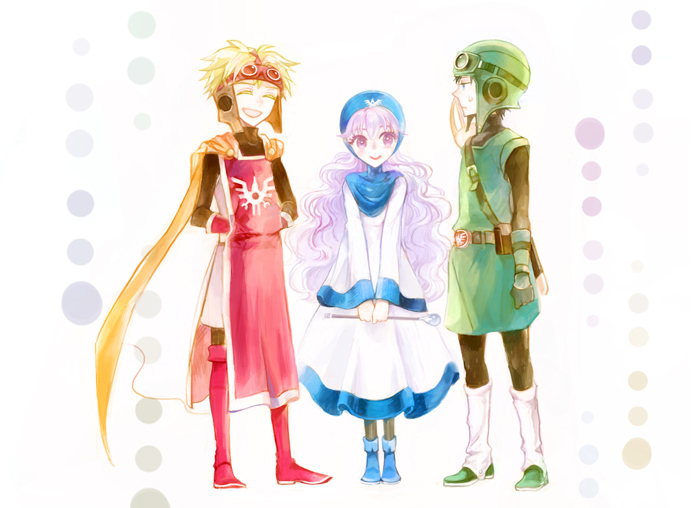 alternate_color blonde_hair bodysuit boots cape commentary_request curly_hair dragon_quest dragon_quest_ii goggles goggles_on_head goggles_on_headwear hat high_heel_boots high_heels hood hood_up kuzumosu long_hair long_sleeves multiple_boys prince_of_lorasia prince_of_samantoria princess_of_moonbrook short_hair spiked_hair white_robe