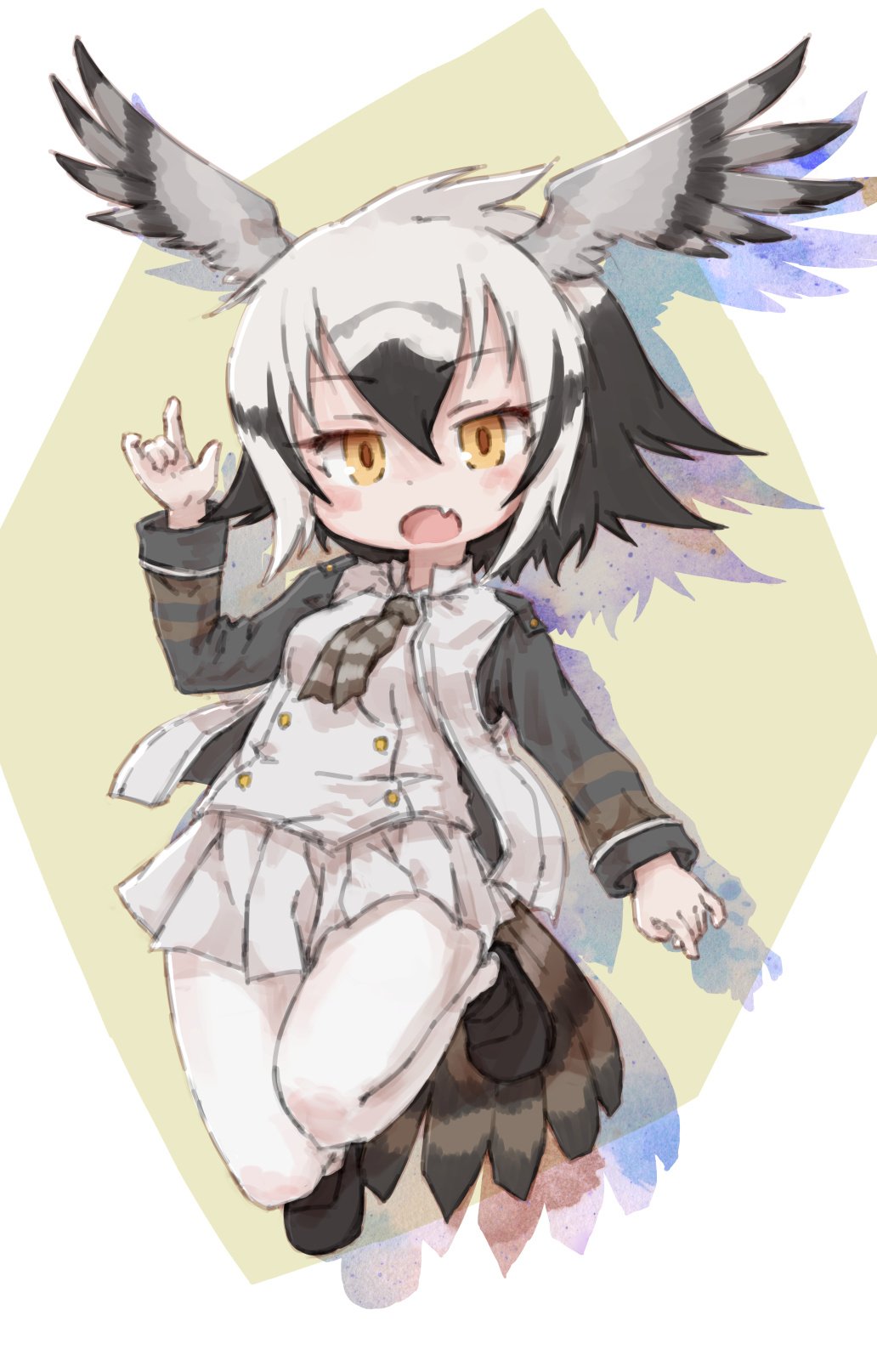 bird_tail bird_wings black_hair borrowed_character commentary_request eyebrows_visible_through_hair fang grey_hair head_wings highres jacket kemono_friends kolshica long_sleeves multicolored_hair necktie open_mouth original osprey_(kemono_friends)_(teranekosu) pantyhose pleated_skirt short_hair skirt solo vest white_hair wings yellow_eyes