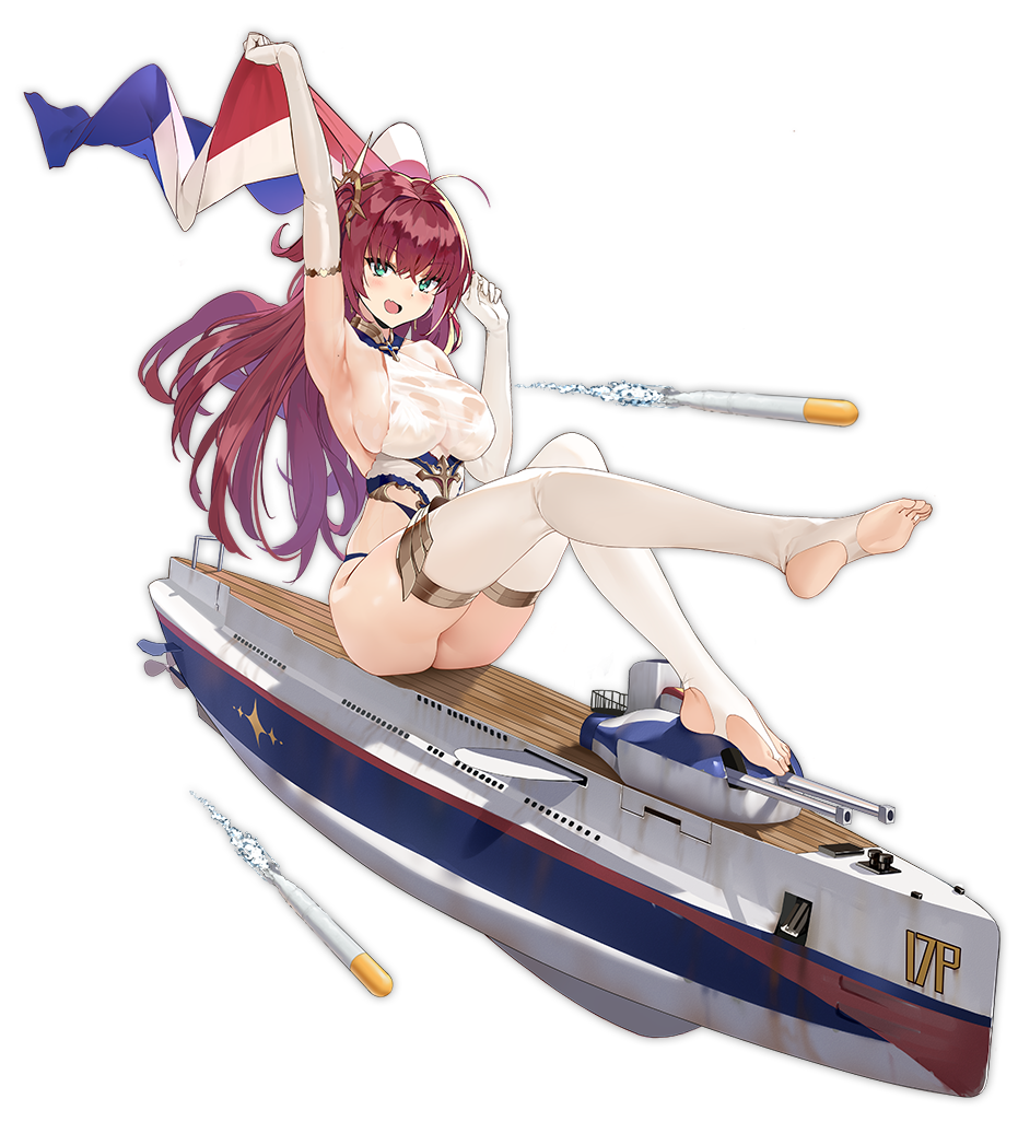 ahoge arm_up armpits azur_lane bare_shoulders barefoot bikini_bottom breasts cannon cross elbow_gloves eyebrows_visible_through_hair fang flag floating french_flag full_body gloves green_eyes hair_ornament hand_up holding holding_flag large_breasts leg_up long_hair looking_at_viewer machinery mr_cloud official_art open_mouth propeller red_hair sideboob sitting sleeveless soles solo stirrup_legwear surcouf_(azur_lane) thighhighs toeless_legwear torpedo transparent_background turret white_gloves white_legwear