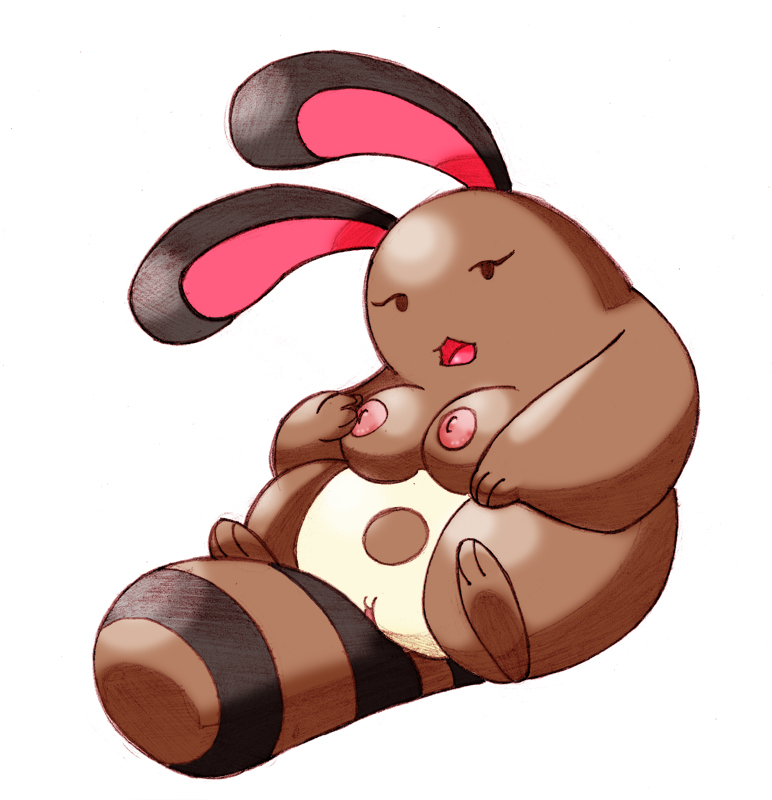 chubby clitoris female hindpaw long_ears long_tail looking_at_viewer mammal nintendo open_mouth overweight paws plain_background pok&#233;mon pokemon pussy raccoon sentret sitting solo the_brave traditional_media video_games white_background