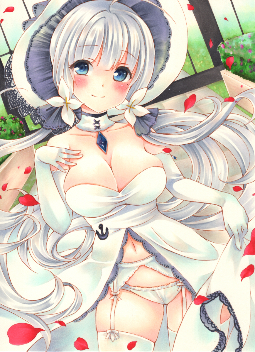 ahoge azur_lane bangs bare_shoulders blue_eyes blush breasts cleavage closed_mouth collarbone cowboy_shot dress dress_lift elbow_gloves eyebrows_visible_through_hair flower garter_belt garter_straps gloves hair_flower hair_ornament hair_ribbon hat highres illustrious_(azur_lane) legs_apart lifted_by_self long_hair looking_at_viewer marker_(medium) mole mole_under_eye navel panties ribbon sidelocks silver_hair smile solo strapless strapless_dress sun_hat thighhighs traditional_media tress_ribbon underwear very_long_hair white_dress white_flower white_gloves white_hat white_legwear white_panties yoruoujito-tsukinohime