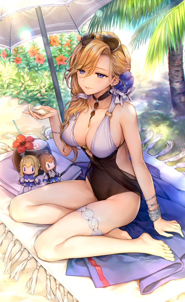 azur_lane barefoot blonde_hair blue_eyes bracelet breasts casual_one-piece_swimsuit character_doll cleavage coconut commentary_request eyewear_on_head highres hood_(azur_lane) jewelry kaguyuzu legs long_hair long_legs multiple_girls one-piece_swimsuit parasol renown_(azur_lane) repulse_(azur_lane) sand seashell shell signature swimsuit thighlet umbrella