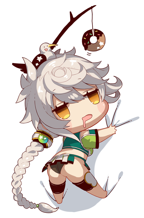 ass bangs barefoot bird blush_stickers chibi climbing doughnut drooling food green_jacket grey_hair grey_panties jacket jitome kantai_collection light_brown_hair long_hair looking_at_viewer panties short_sleeves solo underwear unryuu_(kantai_collection) very_long_hair yamaarashi