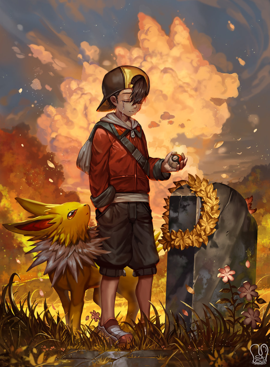 1boy backwards_hat baseball_cap cloud cloudy_sky commentary commission crying english_commentary eyes_closed flower gen_1_pokemon gen_2_pokemon gold_(pokemon) grass grave hand_in_pocket hat highres holding holding_poke_ball jacket jolteon long_sleeves pink_flower poke_ball poke_ball_(generic) pokemon pokemon_(creature) pokemon_(game) pokemon_hgss red_jacket sa-dui shorts sky standing tears tombstone