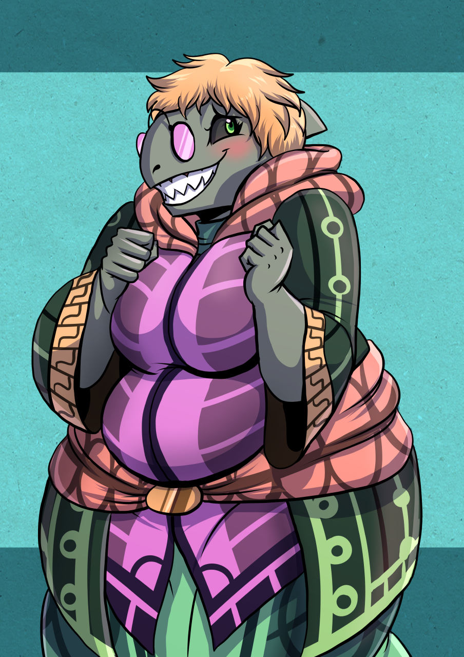 anthro blonde_hair blush breasts breena clothed clothing cute eyewear female fin fish fully_clothed glasses grey_skin grin hair head_fin looking_at_viewer marine shark sharp_teeth slightly_chubby smile solo teeth the_pirate's_fate volkenfox