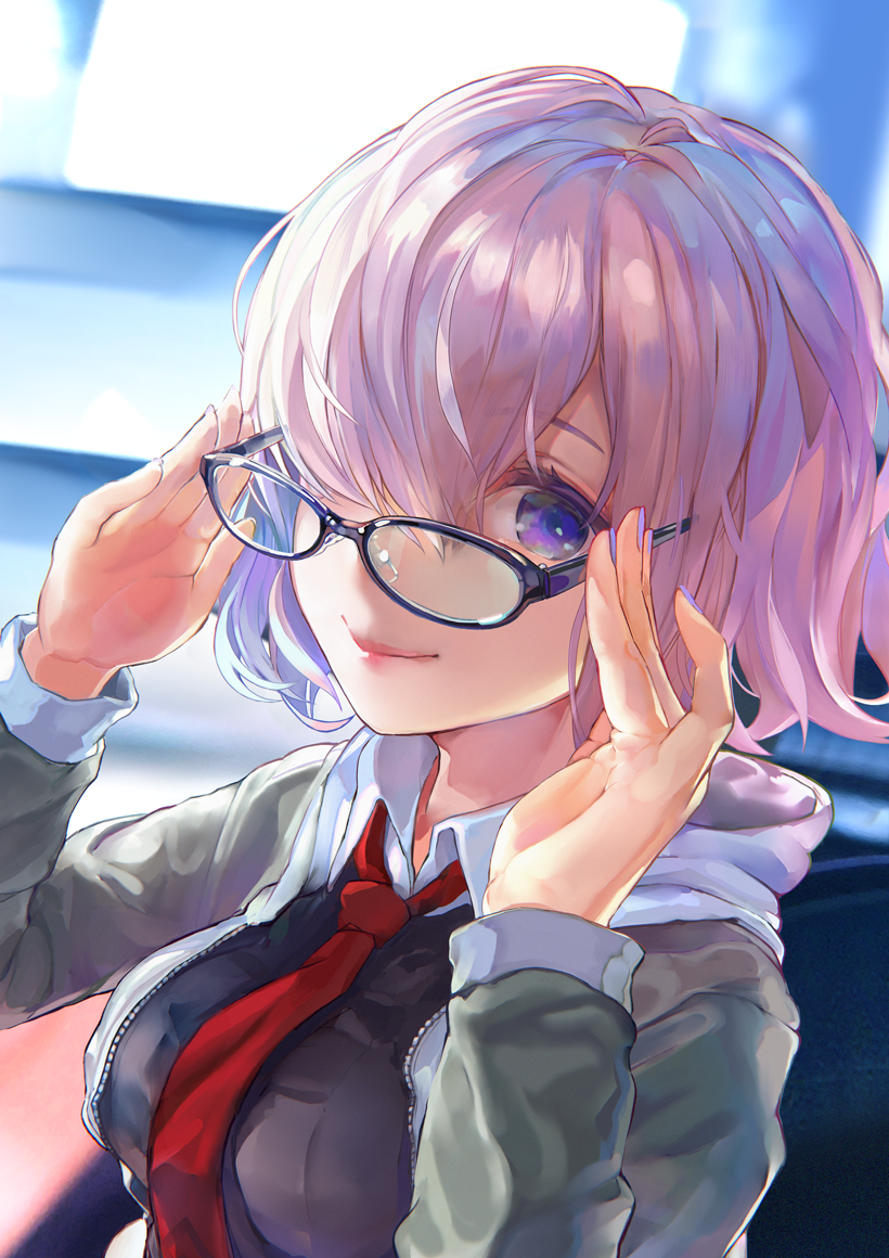adjusting_eyewear black-framed_eyewear blurry blurry_background breasts closed_mouth fate/grand_order fate_(series) glasses hair_over_one_eye hood hoodie lavender_hair mash_kyrielight nail_polish necktie purple_eyes purple_nails red_neckwear smile solo tocope