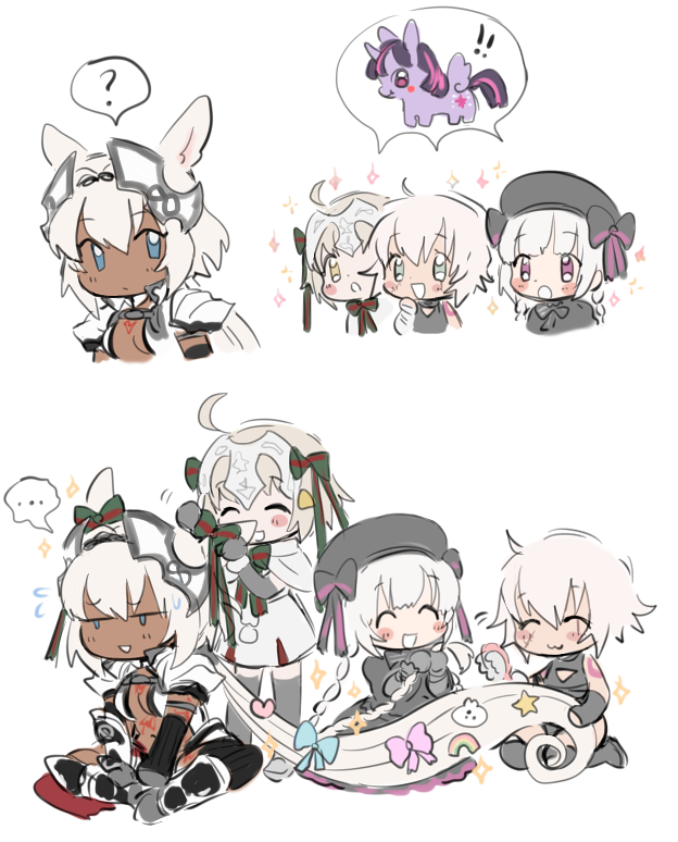 4girls :d ? ahoge animal_ears bandaged_arm bandages bangs black_bow black_dress black_hat blue_eyes bow braid caenis_(fate) capelet commentary dark_skin dress facial_scar fate/grand_order fate_(series) fur-trimmed_capelet fur_trim gothic_lolita green_eyes hair_intakes hairband hat headgear headpiece jack_the_ripper_(fate/apocrypha) jacket jeanne_d'arc_(fate)_(all) jeanne_d'arc_alter_santa_lily lolita_fashion long_hair multiple_girls my_little_pony nursery_rhyme_(fate/extra) open_mouth pixiv_fate/grand_order_contest_2 ponytail ponytail_holder red_eyes roby_(lilirenzu) scar scar_on_cheek silver_hair smile sparkle spoken_ellipsis spoken_question_mark striped striped_bow tattoo twilight_sparkle twin_braids white_background white_hair white_jacket yellow_eyes