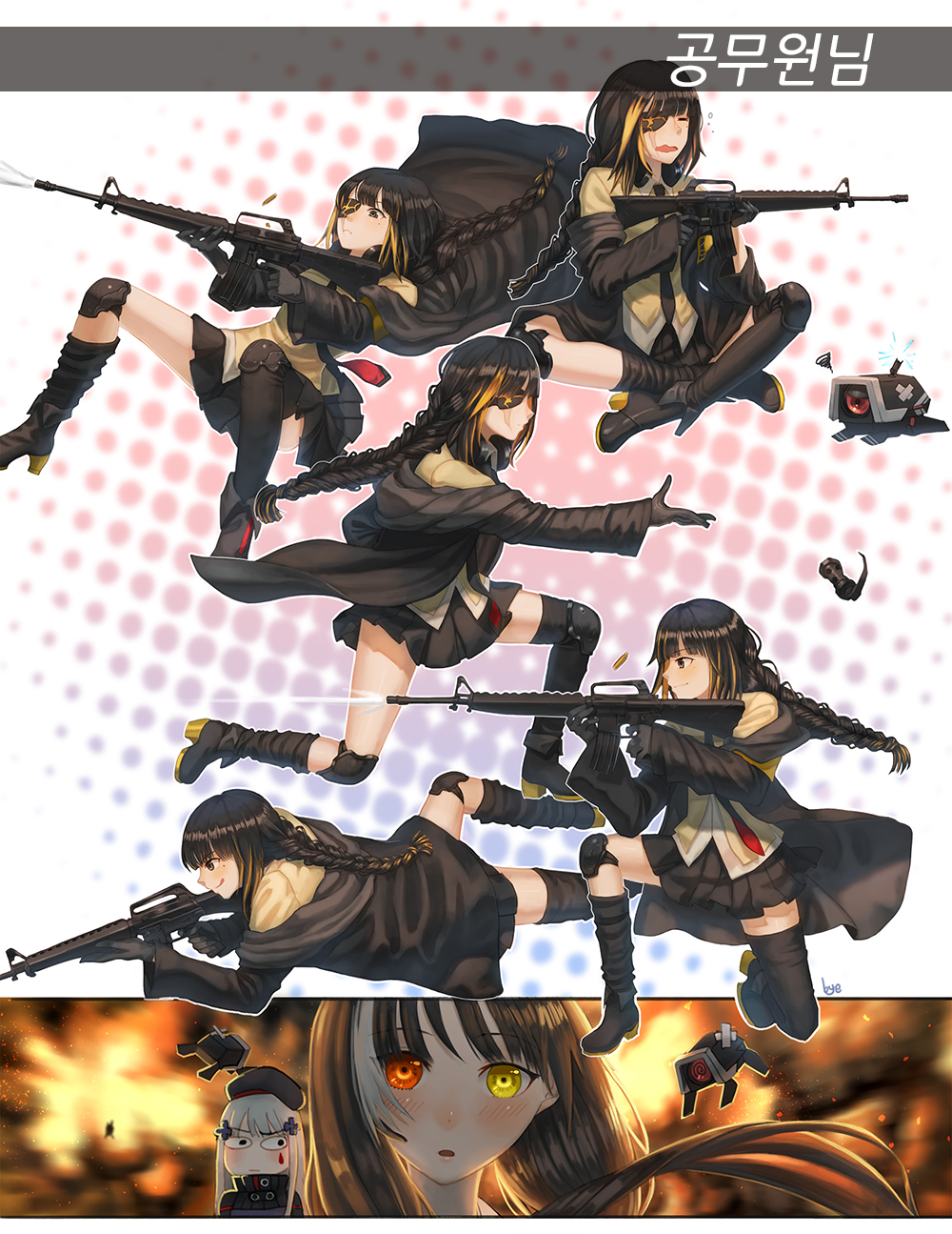 assault_rifle beret blush braid brown_hair bye commentary_request crossed_legs dinergate_(girls_frontline) explosion eyepatch firing girls_frontline gun hat heterochromia highres hk416_(girls_frontline) jacket knee_pads long_hair m16a1 m16a1_(girls_frontline) multicolored_hair multiple_girls necktie off_shoulder orange_eyes rifle ro635_(girls_frontline) silver_hair sitting skirt smile streaked_hair thighhighs weapon yellow_eyes