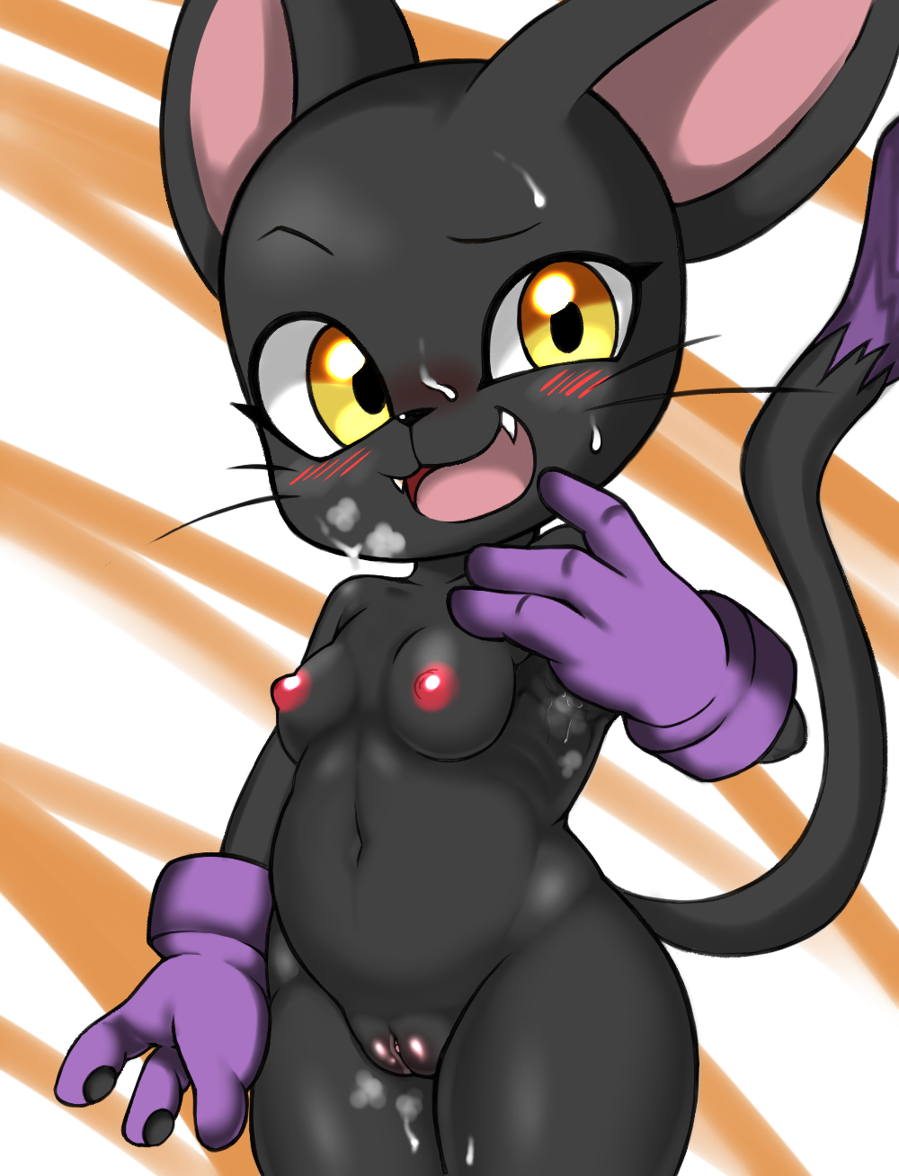 anthro big_ears black_fur blackgatomon blush breasts clothing digimon fangs feline female fur gatomon gloves hi_res lfer long_tail looking_at_viewer mammal mostly_nude navel nipples open_mouth pussy shortstack small_breasts solo sweat tongue whiskers yellow_eyes