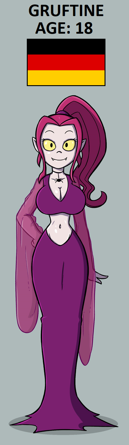 big_breasts breasts cleavage clothed clothing dress fangs female garabatoz gruftine hair huge_breasts long_hair not_furry pale_skin pointy_ears purple_hair school_for_little_vampires solo vampire