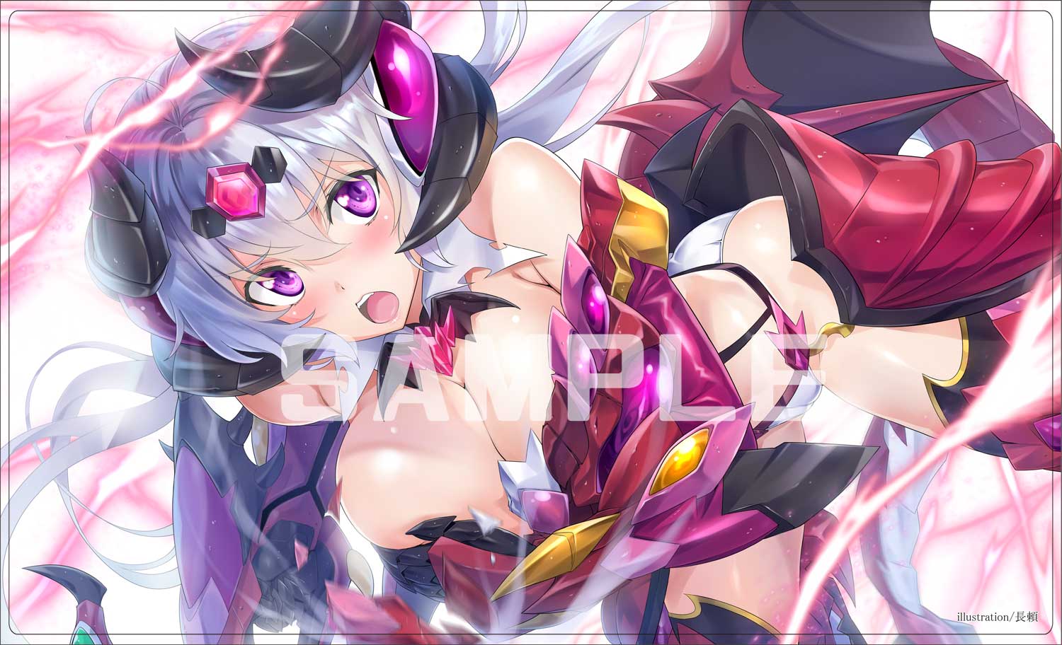 ahoge armor bikini_armor black_legwear blush breasts cleavage commentary_request covering covering_breasts demon_wings faulds headgear large_breasts long_hair low_twintails nagayori open_mouth purple_eyes revealing_clothes sample senki_zesshou_symphogear senki_zesshou_symphogear_xd_unlimited shiny shiny_hair shiny_skin silver_hair simple_background solo teeth thighhighs torn_clothes twintails very_long_hair white_background wings yukine_chris