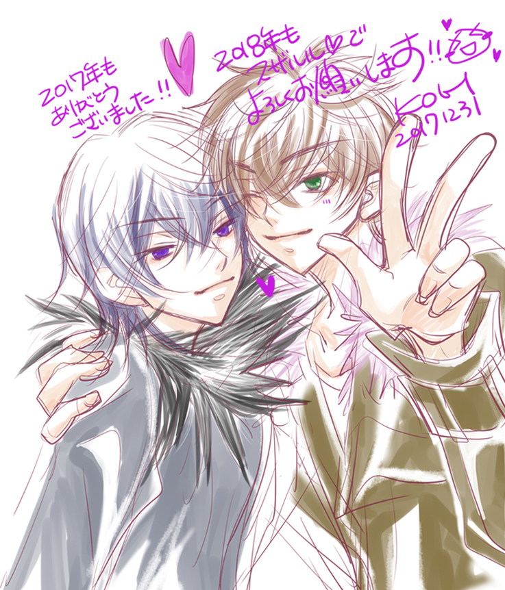 2boys brown_hair closed_mouth code_geass green_eyes grey_hair kou_(suzalulu) kururugi_suzaku lelouch_lamperouge multiple_boys purple_eyes sketch smile together upper_body v v-shaped_eyebrows yaoi