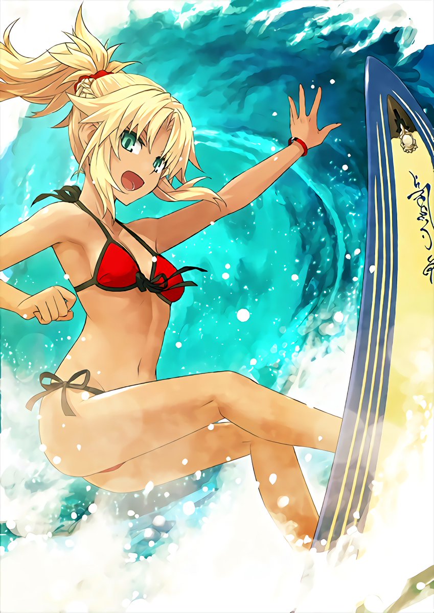 aqua_eyes arm_up armpits ass bangs bikini blonde_hair bracelet braid breasts collarbone fate/grand_order fate_(series) french_braid front-tie_bikini front-tie_top green_eyes groin hair_ornament hair_scrunchie highres jewelry knees konoe_ototsugu legs_apart long_hair looking_at_viewer medium_breasts mordred_(fate)_(all) mordred_(swimsuit_rider)_(fate) navel ocean official_art open_mouth outdoors parted_bangs ponytail red_bikini red_scrunchie scrunchie side-tie_bikini sidelocks small_breasts solo surfboard surfing swimsuit tan water waves
