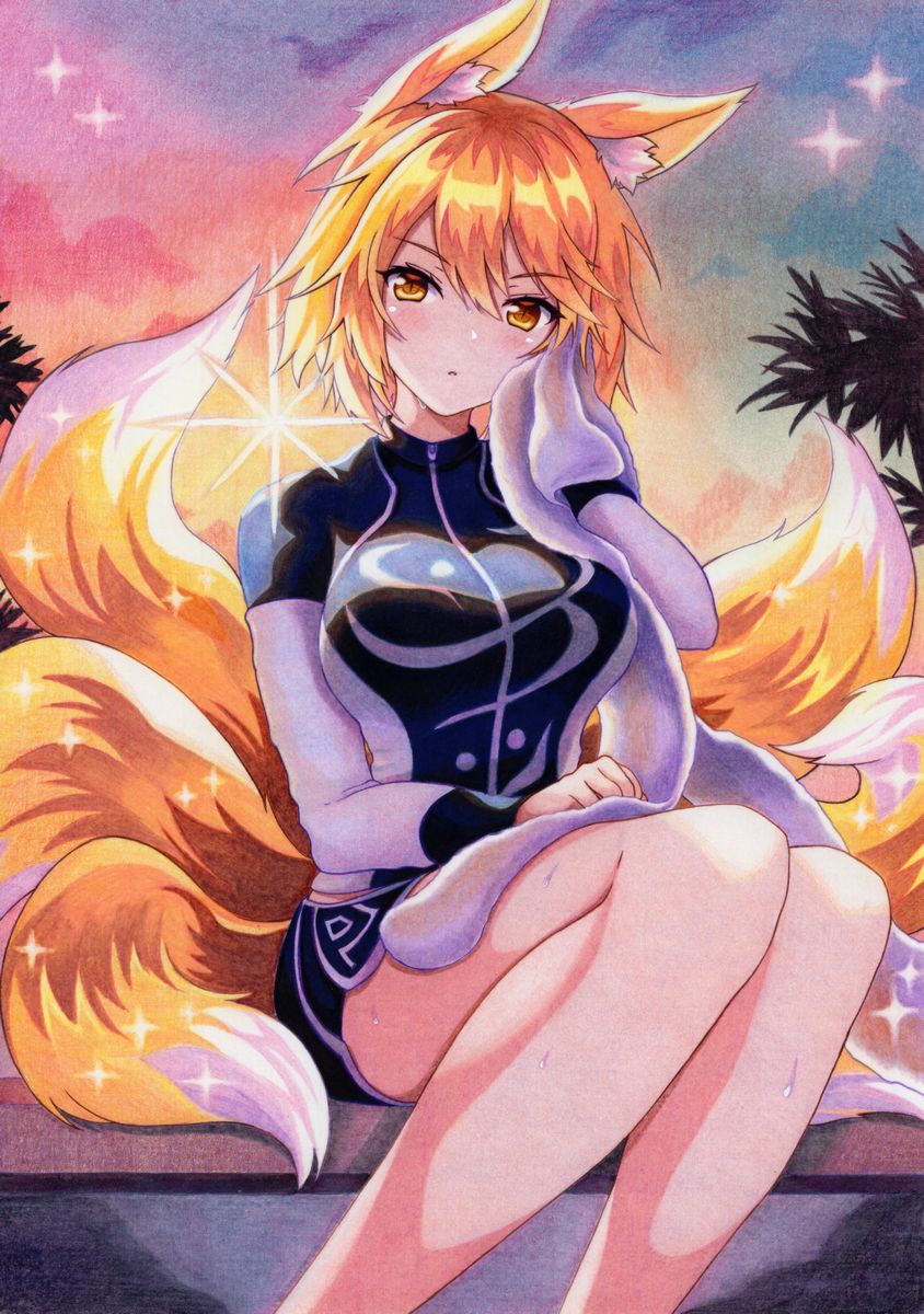 adapted_costume animal_ear_fluff animal_ears bare_legs blonde_hair blue_shirt blue_skirt blush breasts commentary_request eyebrows_visible_through_hair feet_out_of_frame fox_ears fox_tail hand_up head_tilt highres holding holding_towel kittona large_breasts long_sleeves looking_at_viewer midriff_peek miniskirt multicolored_shirt multiple_tails no_hat no_headwear shirt sitting skirt sky solo sparkle sunset sweat tail thighs touhou towel traditional_media tree watercolor_pencil_(medium) white_shirt yakumo_ran yellow_eyes