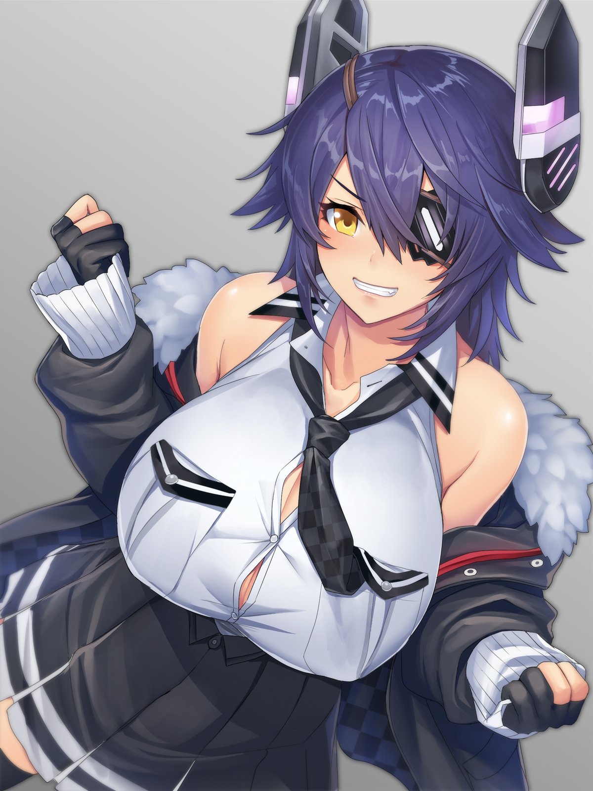 bangs bare_shoulders black_gloves black_neckwear black_skirt blush breasts bursting_breasts button_gap collarbone commentary dress_shirt eyepatch fur-trimmed_jacket fur_trim gloves grey_background grin hair_between_eyes headgear high-waist_skirt highres jacket kantai_collection large_breasts looking_at_viewer necktie off_shoulder open_clothes open_jacket pantsu_majirou partly_fingerless_gloves purple_hair shirt short_hair simple_background skirt sleeveless smile solo tenryuu_(kantai_collection) yellow_eyes