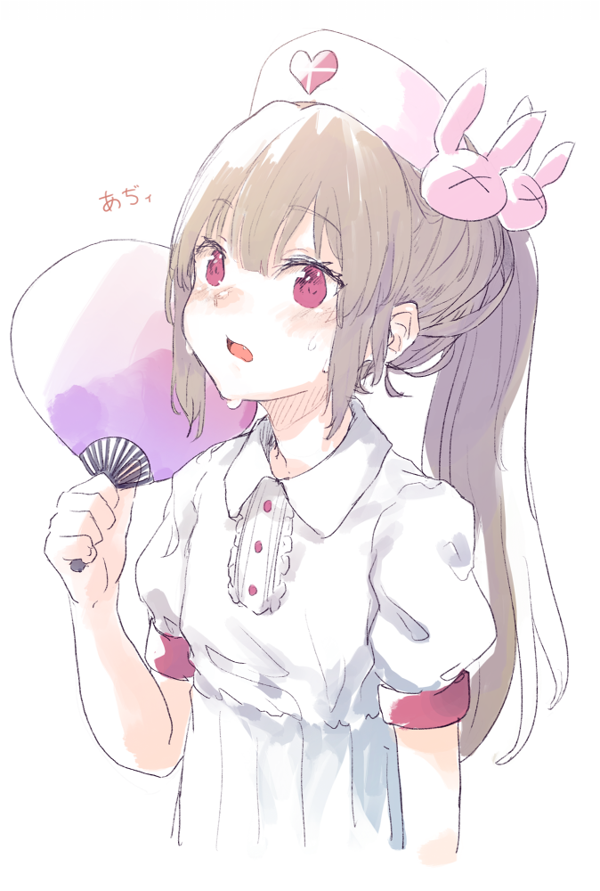 &gt;_&lt; alternate_hairstyle bangs blush brown_hair bunny_hair_ornament collared_dress dress eyebrows_visible_through_hair fan fang hair_between_eyes hair_ornament hand_up hat heart holding holding_fan long_hair natori_sana nurse_cap open_mouth paper_fan pink_hat ponytail puffy_short_sleeves puffy_sleeves red_eyes roll_okashi sana_channel short_sleeves simple_background solo translation_request virtual_youtuber white_background white_dress