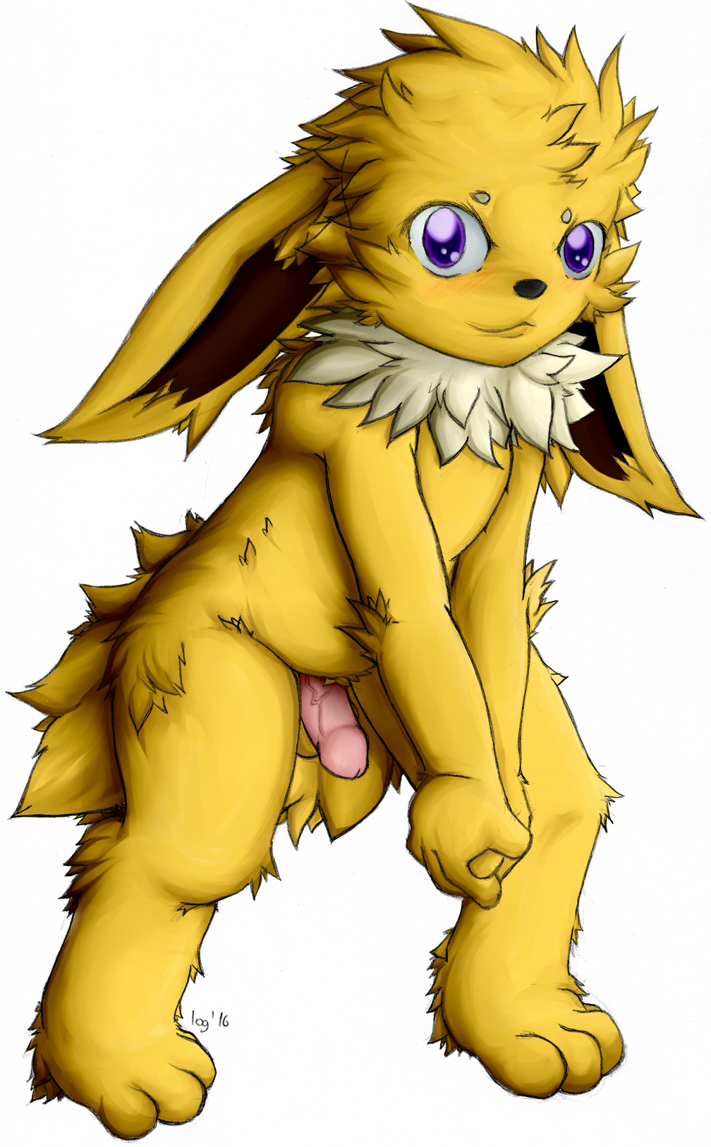 2016 3_toes 4_fingers anthro anthrofied balls big_eyes biped black_nose blush brown_fur cheek_tuft circumcised cub ears_down eeveelution erection fluffy fur head_tuft humanoid_penis jolteon leaning leaning_forward log_(artist) looking_at_viewer male multicolored_fur neck_tuft nintendo nude penis pok&eacute;mon pok&eacute;mon_(species) purple_eyes signature simple_background smile solo standing toes tuft video_games white_background white_fur yellow_fur young