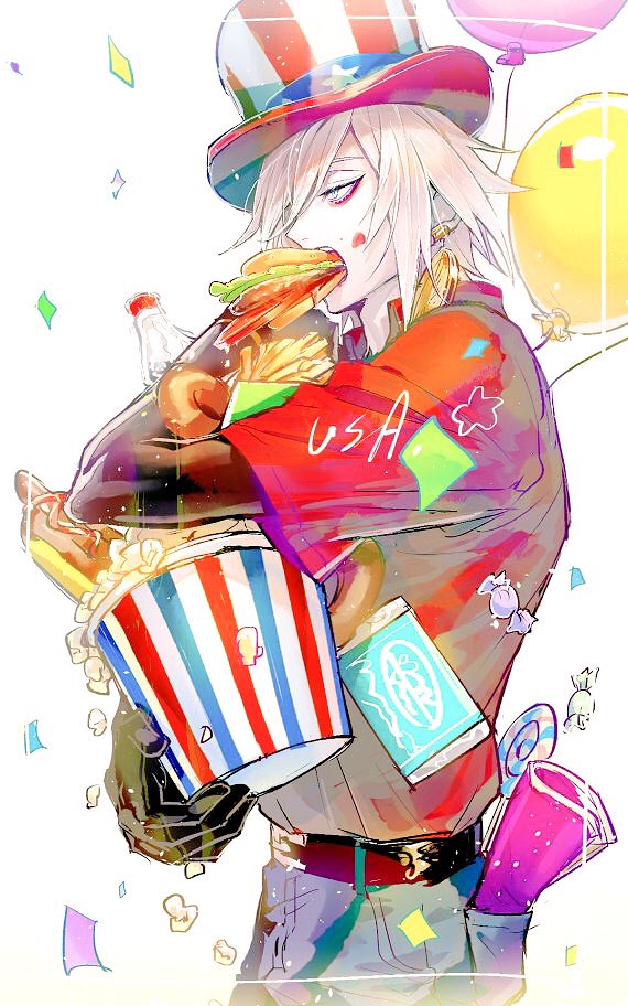 american_flag_hat balloon belt candy confetti denim doughnut earrings fate/grand_order fate_(series) food food_in_mouth food_on_face french_fries half-closed_eyes hamburger hat jeans jewelry karna_(fate) lollipop male_focus pants popcorn red_shirt shirt simple_background soda solo top_hat tori_shiru white_background white_hair white_skin