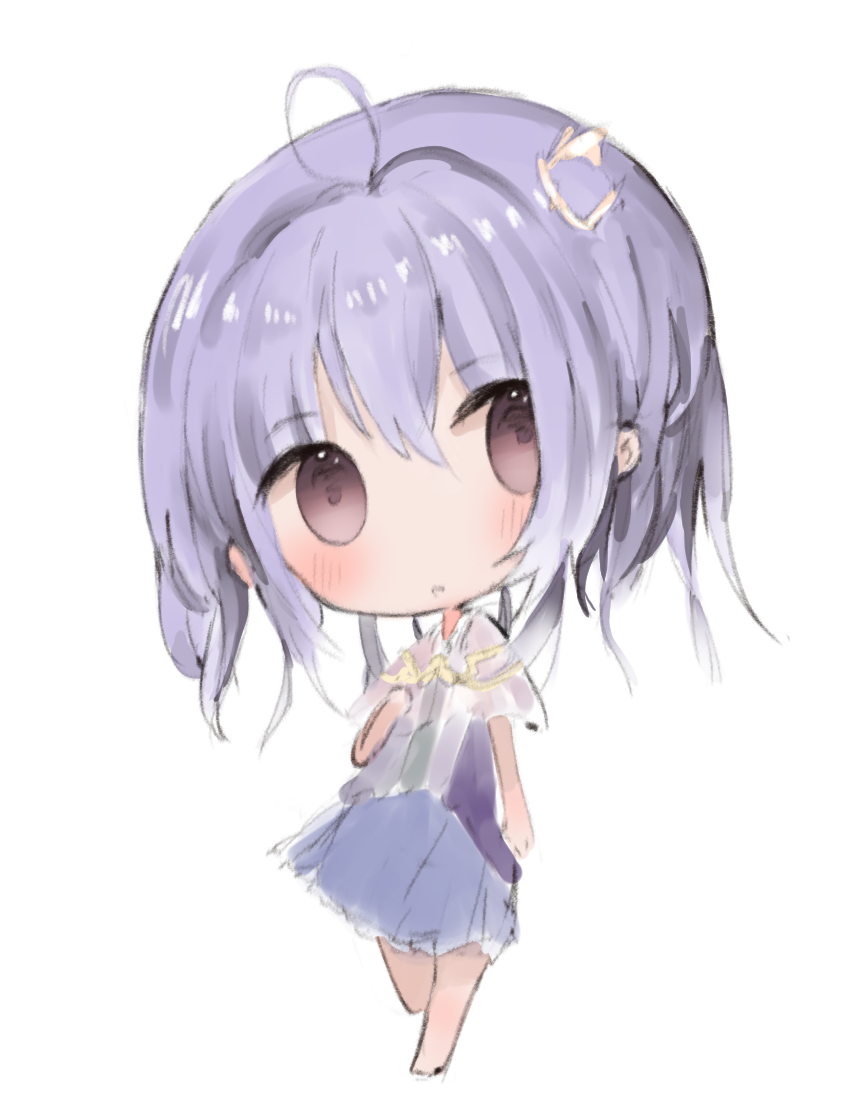 :o ahoge bangs blush brown_eyes capelet chibi cottontailtokki eyebrows_visible_through_hair hair_between_eyes head_tilt parted_lips purple_hair purple_skirt see-through shadowverse shingeki_no_bahamut shirt skirt solo spinaria_(shingeki_no_bahamut) standing standing_on_one_leg white_background