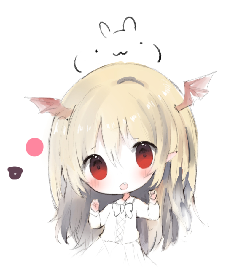 :d bangs bat_wings blonde_hair blush bow collared_shirt cottontailtokki eyebrows_visible_through_hair fang hair_between_eyes head_wings long_hair long_sleeves open_mouth pointy_ears red_eyes red_wings shadowverse shirt simple_background skirt smile solo vampy very_long_hair white_background white_bow white_shirt white_skirt wings