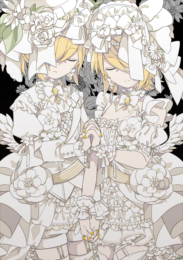 1boy 1girl angel angel_wings bare_arms blonde_hair bonnet breasts brother_and_sister choker commentary daisy dress eyes_closed floral_background flower frilled_dress frills garters hand_holding hat interlocked_fingers kagamine_len kagamine_rin lace_trim lolita_fashion one_eye_covered pale_skin pearl rose shorts siblings small_breasts smile top_hat twins vocaloid white_flower white_rose wings yoshiki
