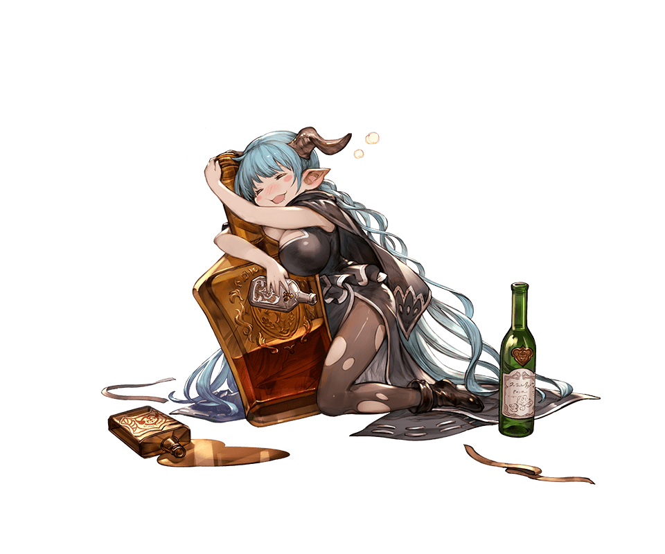 ankle_boots bangs blue_hair blush boots bottle breasts brown_footwear draph drunk full_body granblue_fantasy holding holding_bottle horns kneeling lamretta large_breasts long_hair looking_away minaba_hideo official_art open_mouth pantyhose pointy_ears smile spill transparent_background