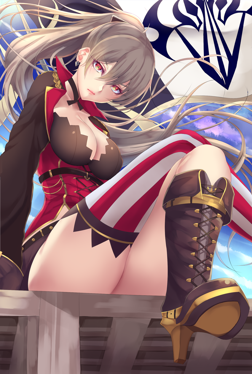 anchor_symbol asymmetrical_legwear azur_lane bangs banner belt black_belt black_shorts boots breasts choker cleavage closed_mouth collarbone commentary_request cross-laced_footwear crossed_legs dock earrings expressionless floating_hair gloves hair_between_eyes half_gloves head_tilt high_heel_boots high_heels highres jacket jean_bart_(azur_lane) jewelry knee_boots long_sleeves looking_at_viewer medium_breasts ponytail puffy_long_sleeves puffy_sleeves red_gloves shiro_usagi short_shorts shorts sidelocks single_thighhigh sitting skull striped striped_legwear thighhighs thighs wind wind_lift