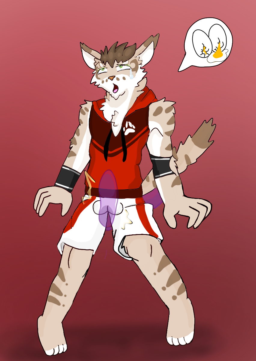 anthro ballbusting bulge clothed clothing cock_and_ball_torture feline hi_res leopard_cat male mammal nekojishi open_mouth shu-chi solo speech_bubble tears tongue unknown_artist