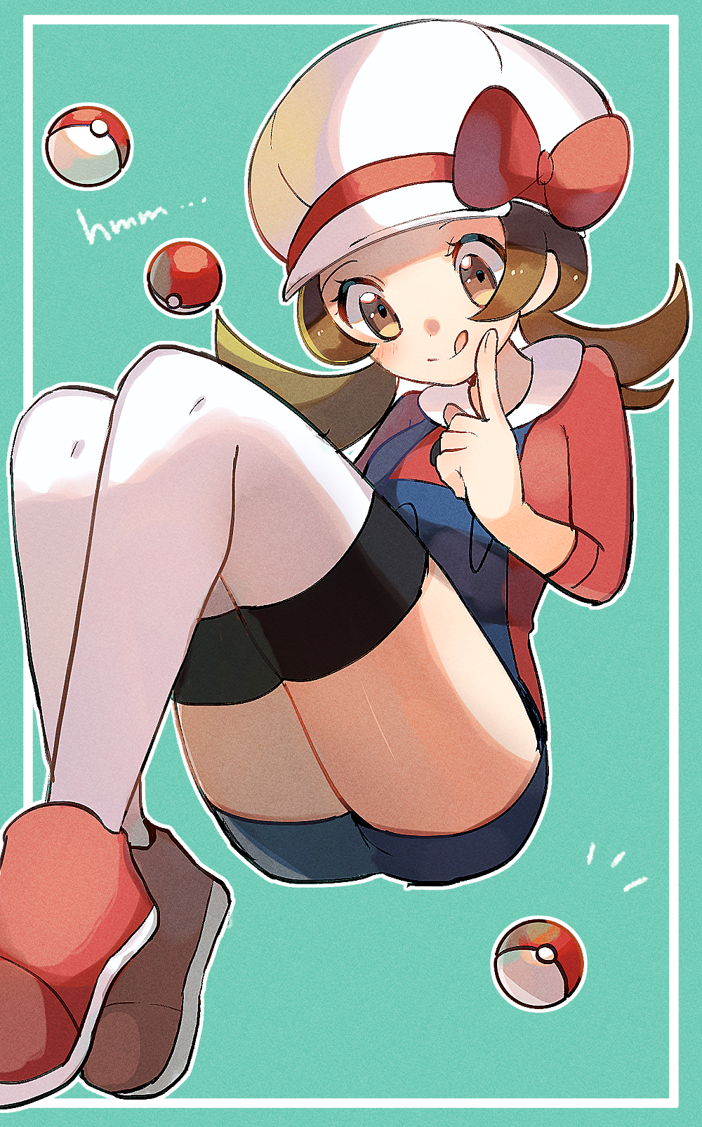 aqua_background blush bow brown_eyes brown_hair cabbie_hat closed_mouth hat hat_bow highres index_finger_raised kotone_(pokemon) long_hair outline overalls poke_ball poke_ball_(generic) pokemon pokemon_(game) pokemon_hgss red_bow red_footwear ririmon shoes sleeves_past_elbows smile solo thighhighs thighs tongue tongue_out twintails white_hat white_legwear white_outline