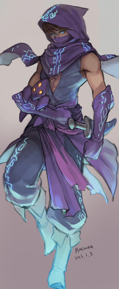 1boy blue_eyes brown_hair clothes full_body gloves glowing glowing_eyes league_of_legends looking_at_viewer male_focus malzahar muscle pants racoona scarf short_hair simple_background solo weapon