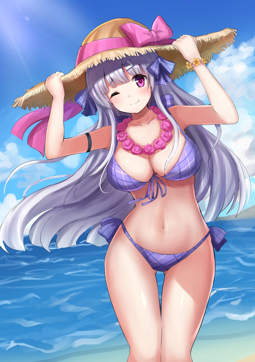 alternate_costume arm_strap ass_visible_through_thighs azur_lane bangs beach bikini blue_sky blush breasts cleavage cloud collarbone commentary_request cygnet_(azur_lane) day eyebrows_visible_through_hair floating_hair groin hair_ribbon hands_on_headwear hat highres large_breasts long_hair looking_at_viewer manda_(manda9n) navel ocean one_eye_closed outdoors plaid plaid_bikini plaid_ribbon purple_bikini purple_eyes purple_ribbon ribbon sand side-tie_bikini sidelocks sky smile solo stomach straw_hat sun_hat swimsuit thighs wind