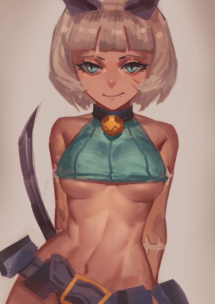 animal_ears arms_behind_back bangs bare_shoulders belt blue_eyes blunt_bangs breasts cat_ears closed_mouth commentary_request contrapposto crop_top fang_out grey_background grey_hair looking_at_viewer medium_breasts ms._fortune_(skullgirls) navel scar short_hair simple_background skullgirls slit_pupils smile solo standing sword underboob weapon zakusi