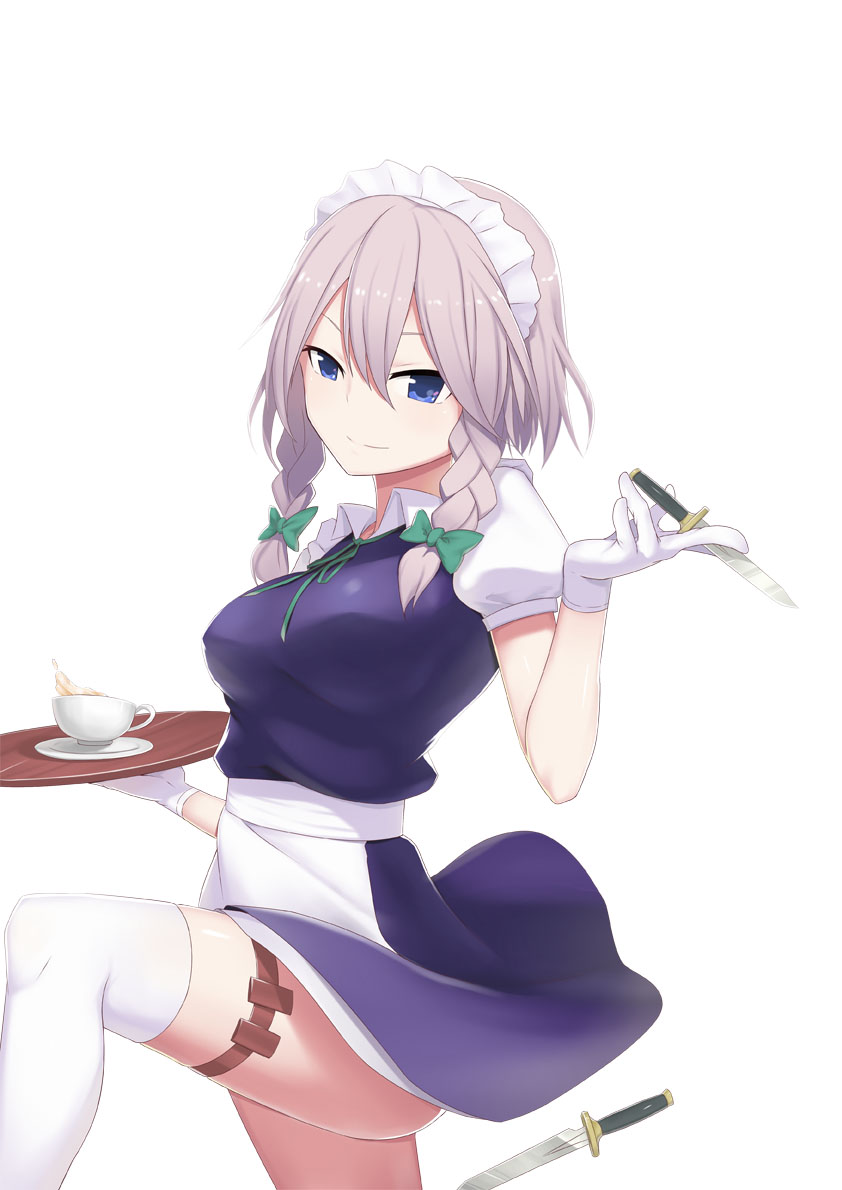 apron ass between_fingers blue_dress blue_eyes bow braid breasts chinese_commentary commentary_request cowboy_shot cup dish dress gloves green_bow green_neckwear green_ribbon hair_between_eyes hair_bow hand_up holding holding_knife holding_tray holding_weapon holster izayoi_sakuya knee_up knife lan_long_(lazy_dragon) large_breasts looking_at_viewer maid maid_apron maid_headdress neck_ribbon petticoat puffy_short_sleeves puffy_sleeves ribbon short_hair short_sleeves silver_hair simple_background smile solo standing standing_on_one_leg teacup thigh_holster thighhighs thighs touhou tray twin_braids waist_apron weapon white_apron white_background white_gloves white_legwear wing_collar