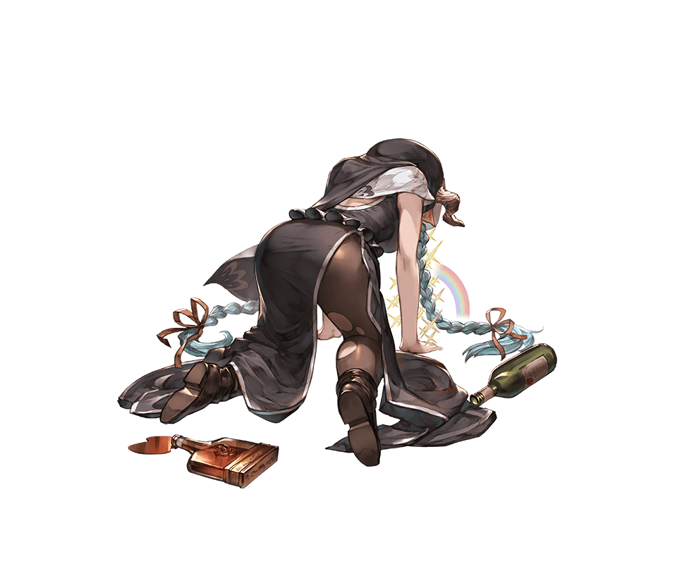 all_fours bottle breasts brown_footwear draph drunk from_behind full_body granblue_fantasy grey_hair hat horns lamretta long_hair medium_breasts minaba_hideo official_art pointy_ears rainbow solo sparkle transparent_background vomiting vomiting_rainbows