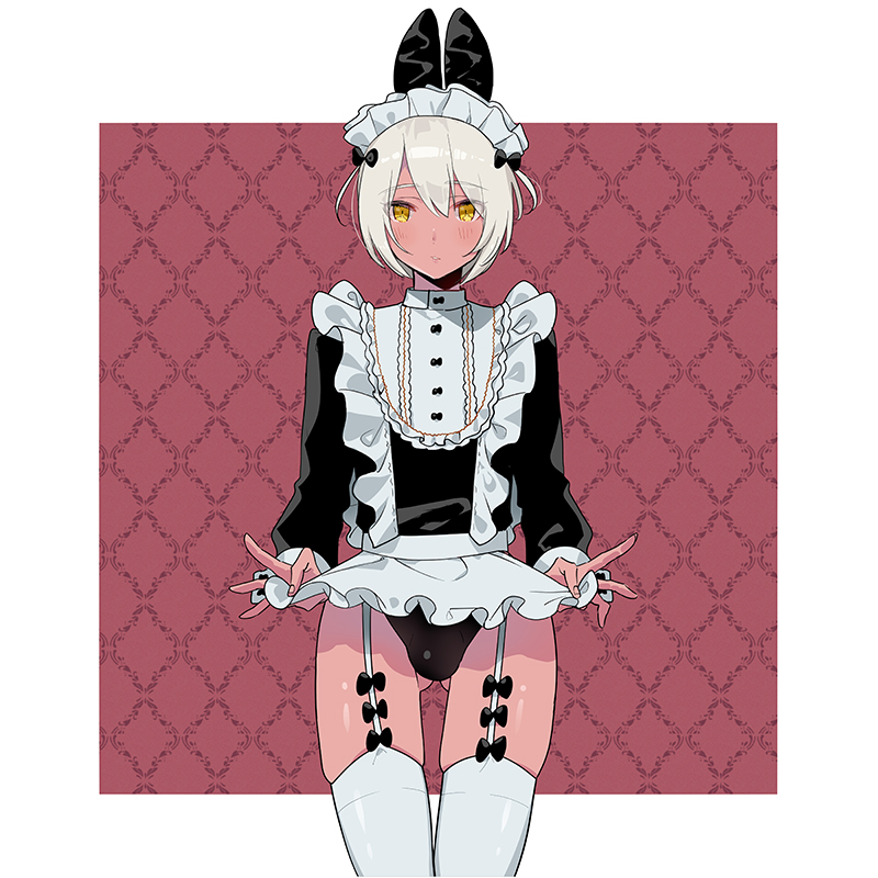 animal_ears apron apron_lift argyle argyle_background ass_visible_through_thighs bad_id bad_pixiv_id bangs black_bow black_leotard blush bob_cut border bow bulge bunny_boy bunny_ears center_frills commentary_request cowboy_shot dark_skin eyebrows_visible_through_hair eyes_visible_through_hair fake_animal_ears frilled_apron frills garter_straps highleg highleg_leotard leotard lifted_by_self long_sleeves looking_at_viewer maid maid_apron maid_headdress male_focus original otoko_no_ko outside_border parted_bangs parted_lips po_(user_rspk7527) puffy_long_sleeves puffy_sleeves purple_background short_hair simple_background skindentation sleeve_cuffs solo standing thigh_gap thighhighs two_side_up waist_apron white_apron white_border white_hair white_legwear yellow_eyes