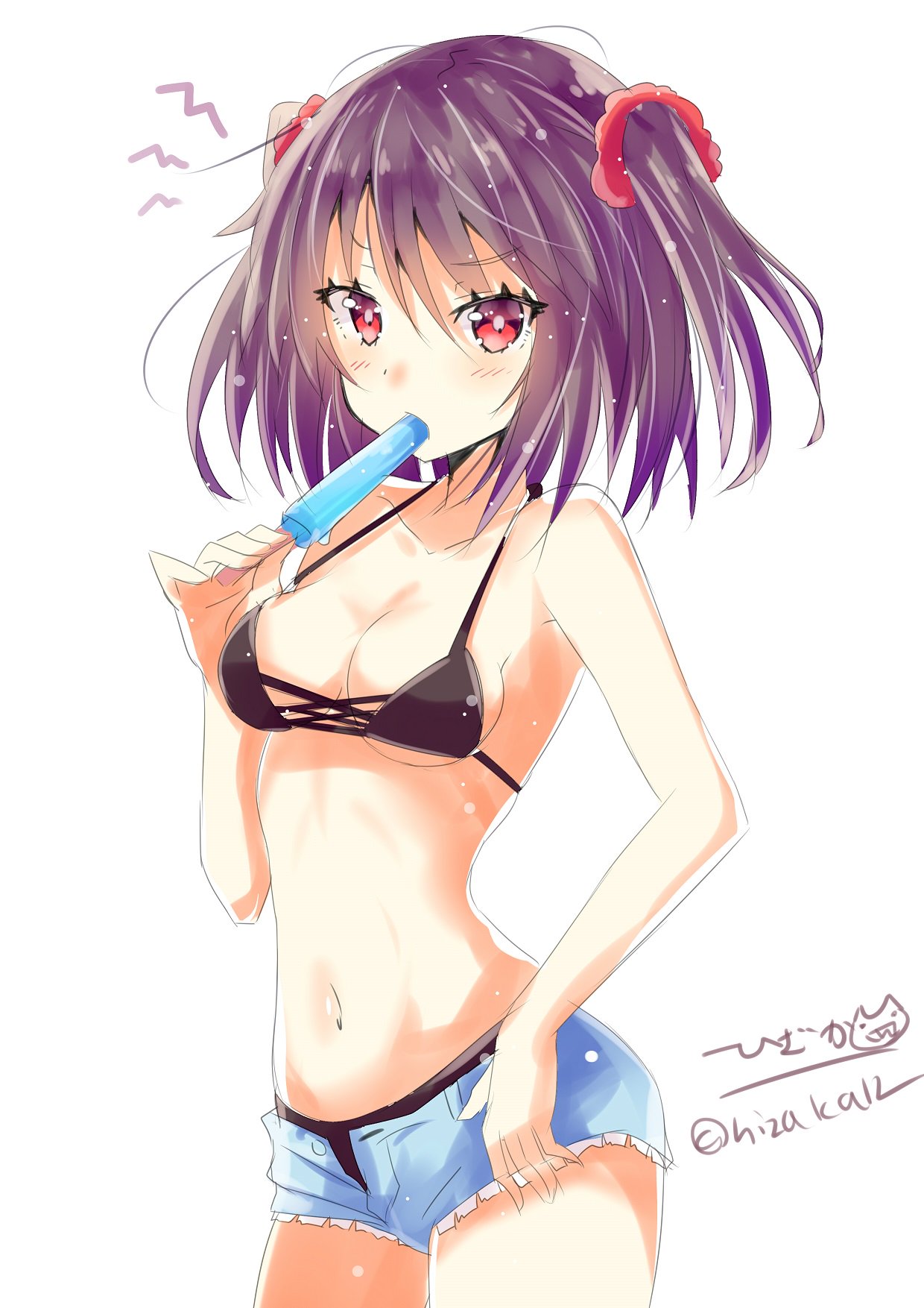 alternate_costume bare_arms bare_shoulders bikini black_bikini blue_shorts blush breasts commentary_request cowboy_shot eyebrows_visible_through_hair food hair_between_eyes highres hizaka ice_cream kantai_collection looking_at_viewer medium_hair navel popsicle red_eyes sendai_(kantai_collection) short_shorts shorts simple_background small_breasts solo swimsuit two_side_up white_background