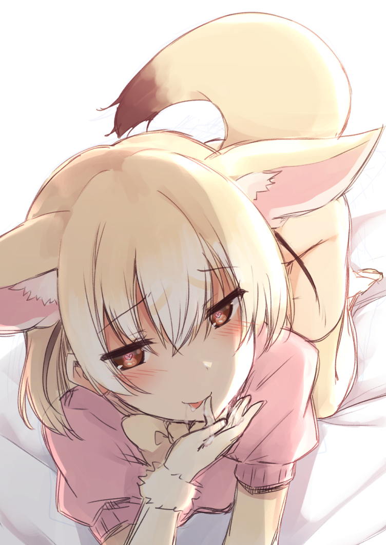 :p all_fours animal_ears blonde_hair blush bow bowtie commentary_request cum cum_in_mouth cum_on_body cum_on_upper_body elbow_gloves extra_ears eyebrows_visible_through_hair fennec_(kemono_friends) fur gloves hair_between_eyes heart heart-shaped_pupils kemono_friends looking_at_viewer multicolored_hair nagami_yuu pink_sweater short_hair solo sweater symbol-shaped_pupils tail thighhighs tongue tongue_out two-tone_hair white_hair yellow_bow yellow_neckwear