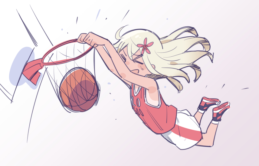 &gt;_&lt; basketball basketball_hoop basketball_uniform blonde_hair closed_eyes commentary dunk flower full_body gradient gradient_background hair_flower hair_ornament kantai_collection long_hair one-piece_tan open_mouth pun ro-500_(kantai_collection) shoes smile sneakers solo sportswear tan tanline tonmoh white_background