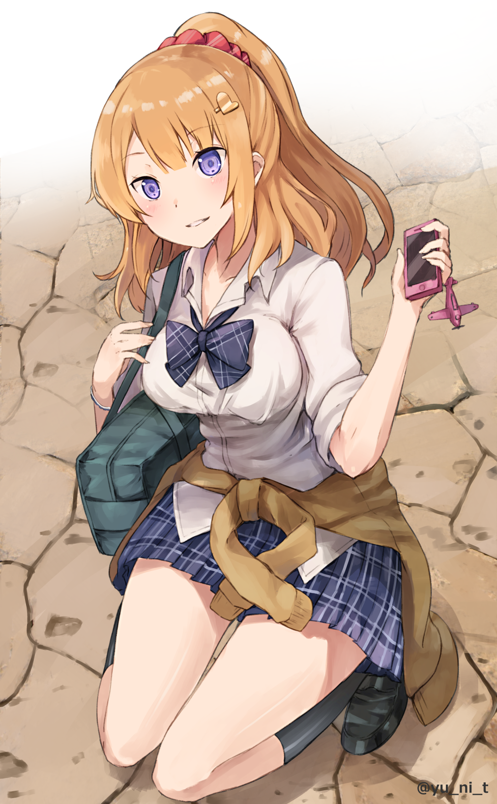 astoria_(azur_lane) azur_lane bag black_footwear blonde_hair blush bow bowtie bracelet cellphone cellphone_charm clothes_around_waist commentary grin gyaru hair_ornament hair_scrunchie hairclip highres jewelry kneeling kogal loafers long_hair looking_at_viewer phone plaid plaid_skirt pleated_skirt ponytail purple_eyes red_scrunchie school_uniform scrunchie shoes skirt smile socks solo sweater_around_waist twitter_username yu_ni_t