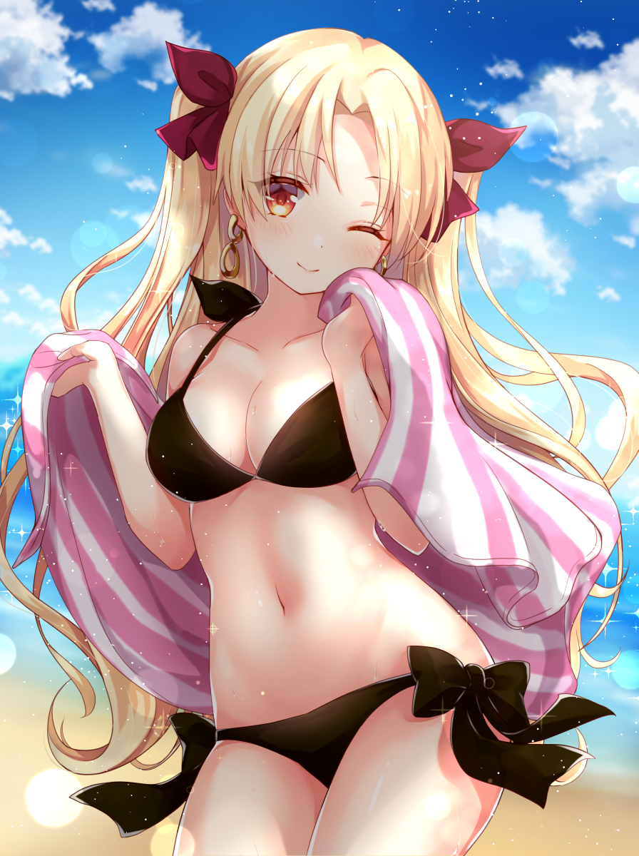 bangs beach bikini black_bikini blonde_hair blue_sky blurry blurry_background blush bow breasts cleavage closed_mouth cloud collarbone commentary_request cowboy_shot day depth_of_field earrings ereshkigal_(fate/grand_order) eyebrows_visible_through_hair fate/grand_order fate_(series) gomano_rio hair_bow highres holding holding_towel hoop_earrings jewelry lens_flare light_particles long_hair looking_at_viewer medium_breasts navel ocean one_eye_closed outdoors parted_bangs partial_commentary sand side-tie_bikini sky smile solo sparkle standing swimsuit towel two_side_up very_long_hair water yellow_eyes