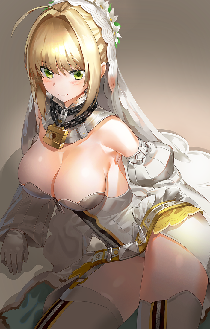 armpits bangs bare_shoulders belt blush bodysuit boots breasts bridal_veil chain cleavage commentary detached_collar detached_sleeves eyebrows_visible_through_hair fate/grand_order fate_(series) full-length_zipper gloves green_eyes hair_intakes head_wreath kfr large_breasts leotard lock looking_at_viewer loose_belt lying nero_claudius_(bride)_(fate) nero_claudius_(fate)_(all) on_side padlock smile strapless strapless_leotard thigh_boots thighhighs thighs veil white_bodysuit white_gloves white_leotard white_sleeves zipper zipper_pull_tab