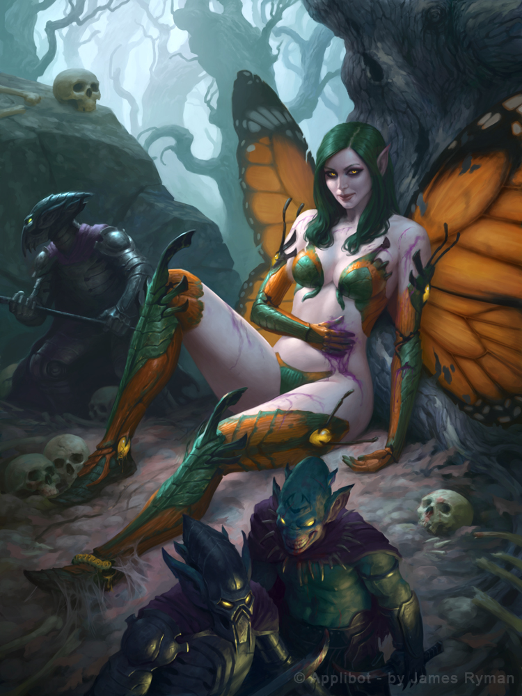 bare_shoulders blood bone boots breasts butterfly_wings cleavage gloves green_hair helmet injury james_ryman legend_of_the_cryptids long_hair mask midriff monster monster_girl official_art pointy_ears polearm rock shirtless sitting skull solo_focus spear sword teeth tree watermark weapon web_address wings yellow_eyes