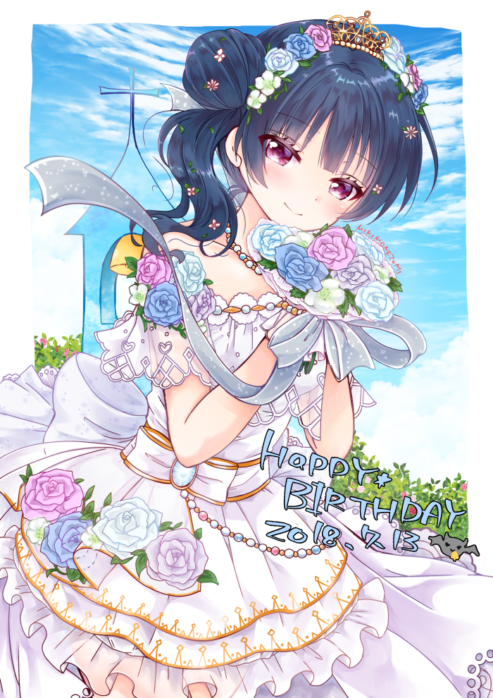 alternate_hairstyle artist_name back_bow bangs bell_tower blue_flower blue_hair blue_rose bouquet bow bracelet dated day dress eyebrows_visible_through_hair flower gloves hair_flower hair_ornament happy holding holding_bouquet jewelry looking_at_viewer love_live! love_live!_sunshine!! mikimo_nezumi necklace outdoors pink_flower pink_rose purple_eyes purple_flower purple_rose ribbon rose short_sleeves side_bun side_ponytail smile solo tiara tsushima_yoshiko wedding_dress white_dress white_flower white_gloves white_rose
