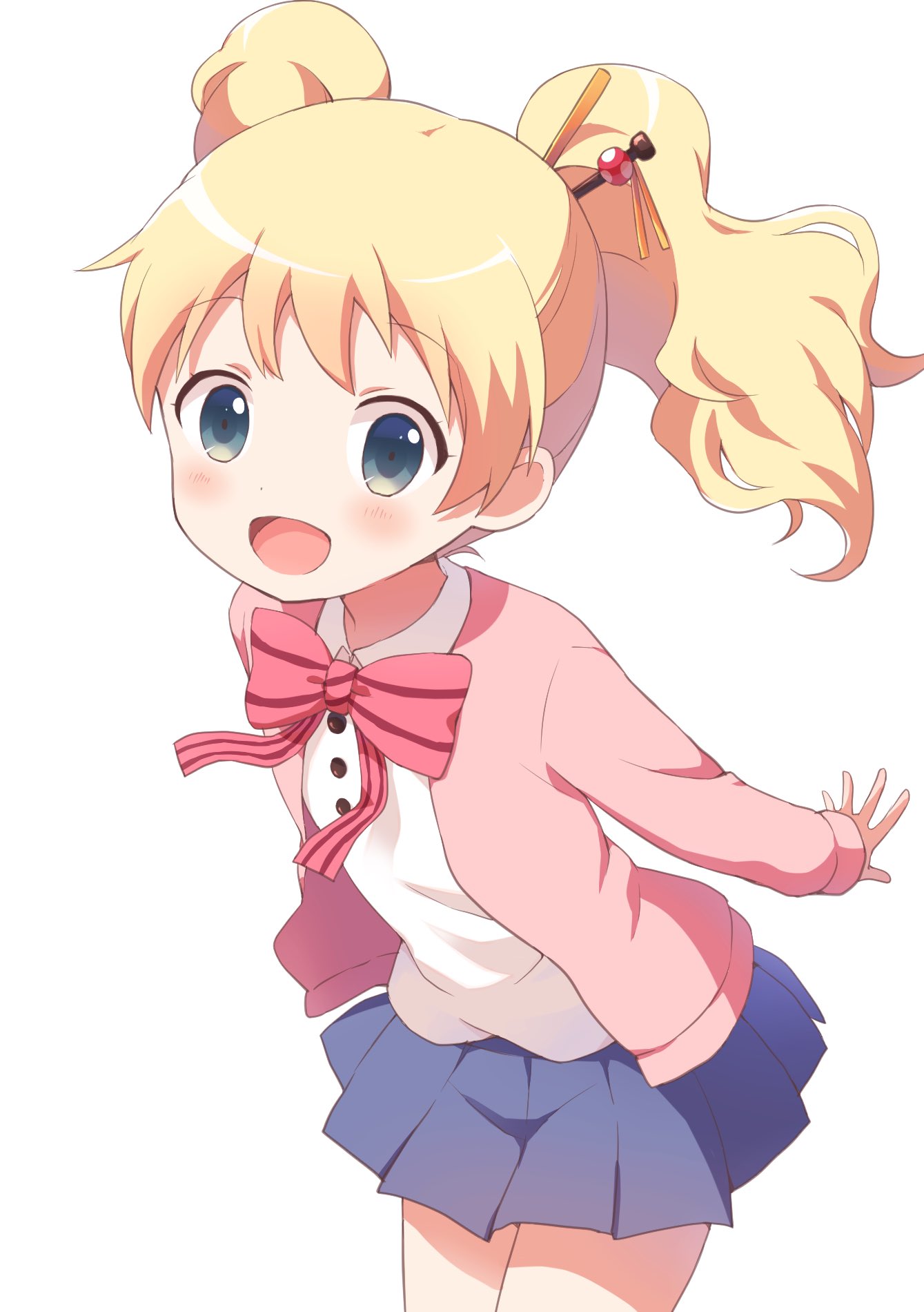 alice_cartelet blonde_hair blue_eyes blush buchi_(y0u0ri_) cardigan commentary_request hair_ornament hair_stick highres kin-iro_mosaic open_cardigan open_clothes open_mouth pleated_skirt ribbon school_uniform skirt smile solo standing twintails