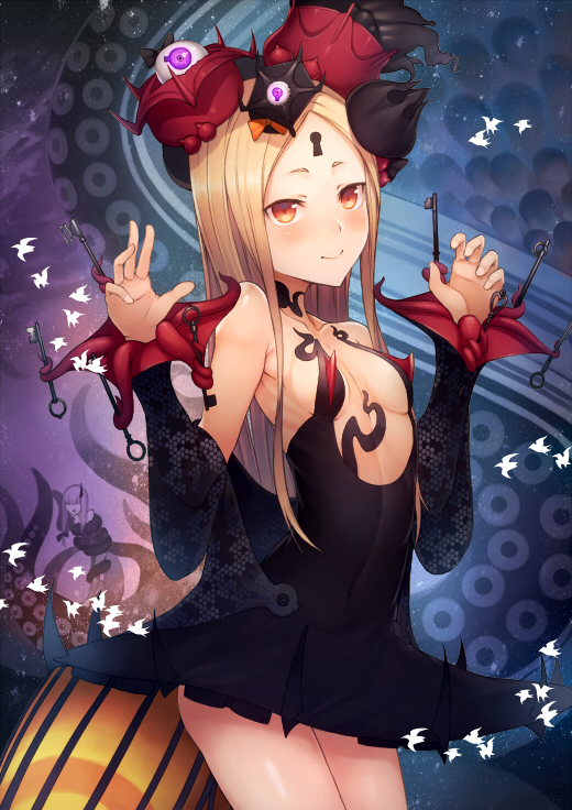 abigail_williams_(fate/grand_order) bangs banned_artist bare_shoulders black_dress blonde_hair blush breasts closed_mouth collarbone commentary_request cosplay detached_sleeves dress fate/grand_order fate_(series) hair_ornament hands_up head_tilt katsushika_hokusai_(fate/grand_order) katsushika_hokusai_(fate/grand_order)_(cosplay) key keyhole kyoeiki lavinia_whateley_(fate/grand_order) long_hair long_sleeves looking_at_viewer medium_breasts multiple_girls parted_bangs red_eyes smile solo_focus suction_cups tentacles very_long_hair