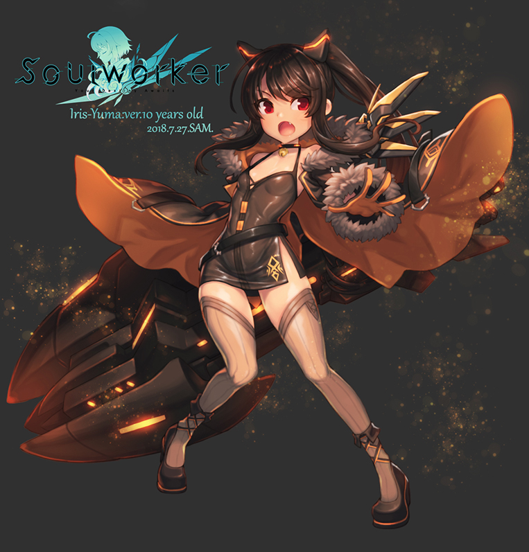 belt black_coat black_dress black_hair black_legwear coat commentary dress ecell fang huge_weapon iris_yuma long_hair open_mouth outstretched_arm ponytail red_eyes shoes short_dress solo soul_worker thighhighs weapon wind wind_lift